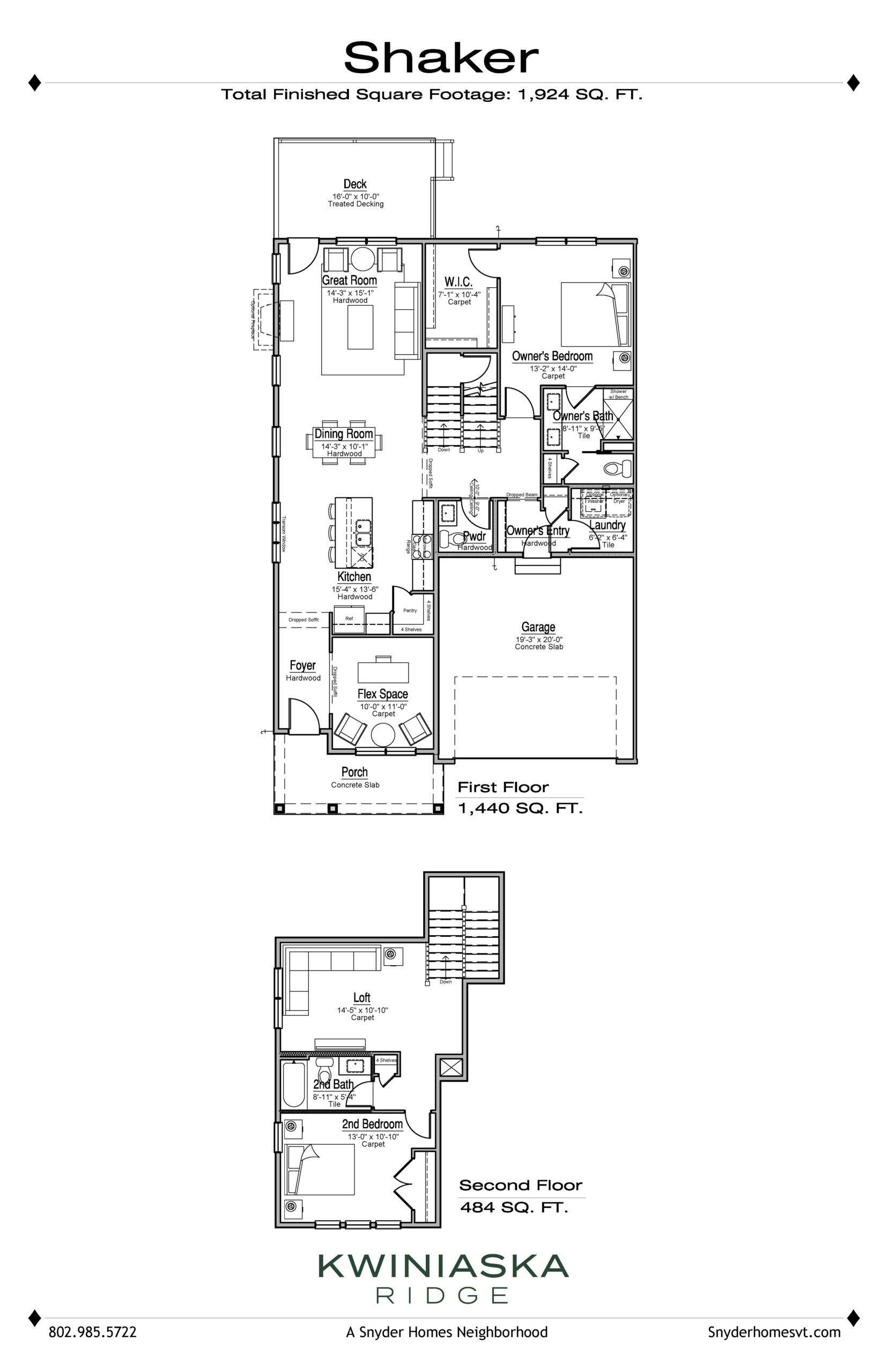 Architectural floor plan of the "shaker" model house showing three levels: basement, first floor, and second floor with annotations for room dimensions and layout.