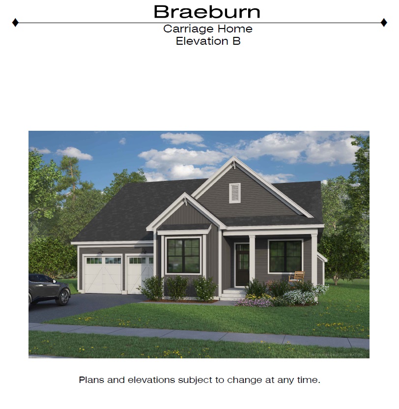 Digital rendering of a modern single-story home with gray siding, white trim, gabled roof, attached garage, and landscaped front yard.