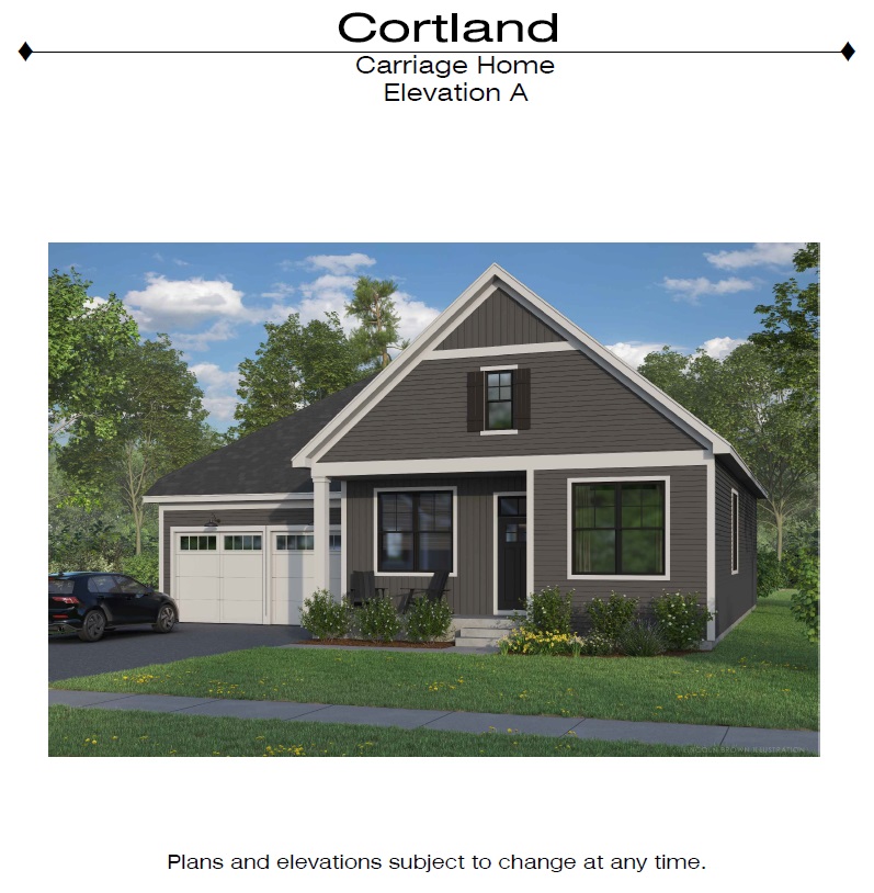 A digital rendering of a modern carriage home, featuring a dark grey exterior, a peaked roof, and an attached garage, set in a landscaped environment.