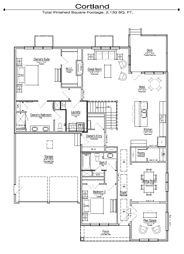 Floor plan of a 2,133 sq. ft. house featuring three bedrooms, bathrooms, kitchen, great room, laundry, garage, and additional flex space.