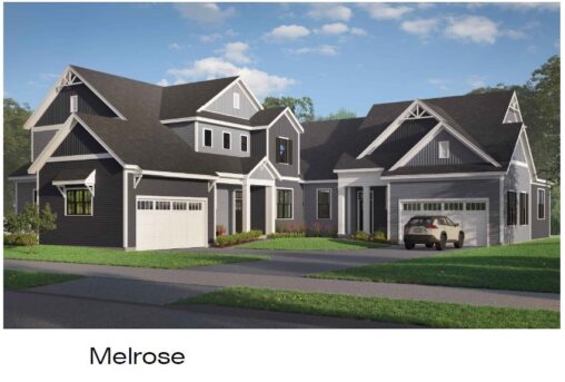 A two-story, dark-colored suburban house with white accents, multiple peaked roofs, and two garages in a grassy neighborhood. A blue car is parked in one of the driveways. Text reads "Melrose.
