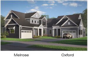 Two modern suburban homes labeled "melrose" and "oxford"; one with a car parked in the driveway under a clear sky.