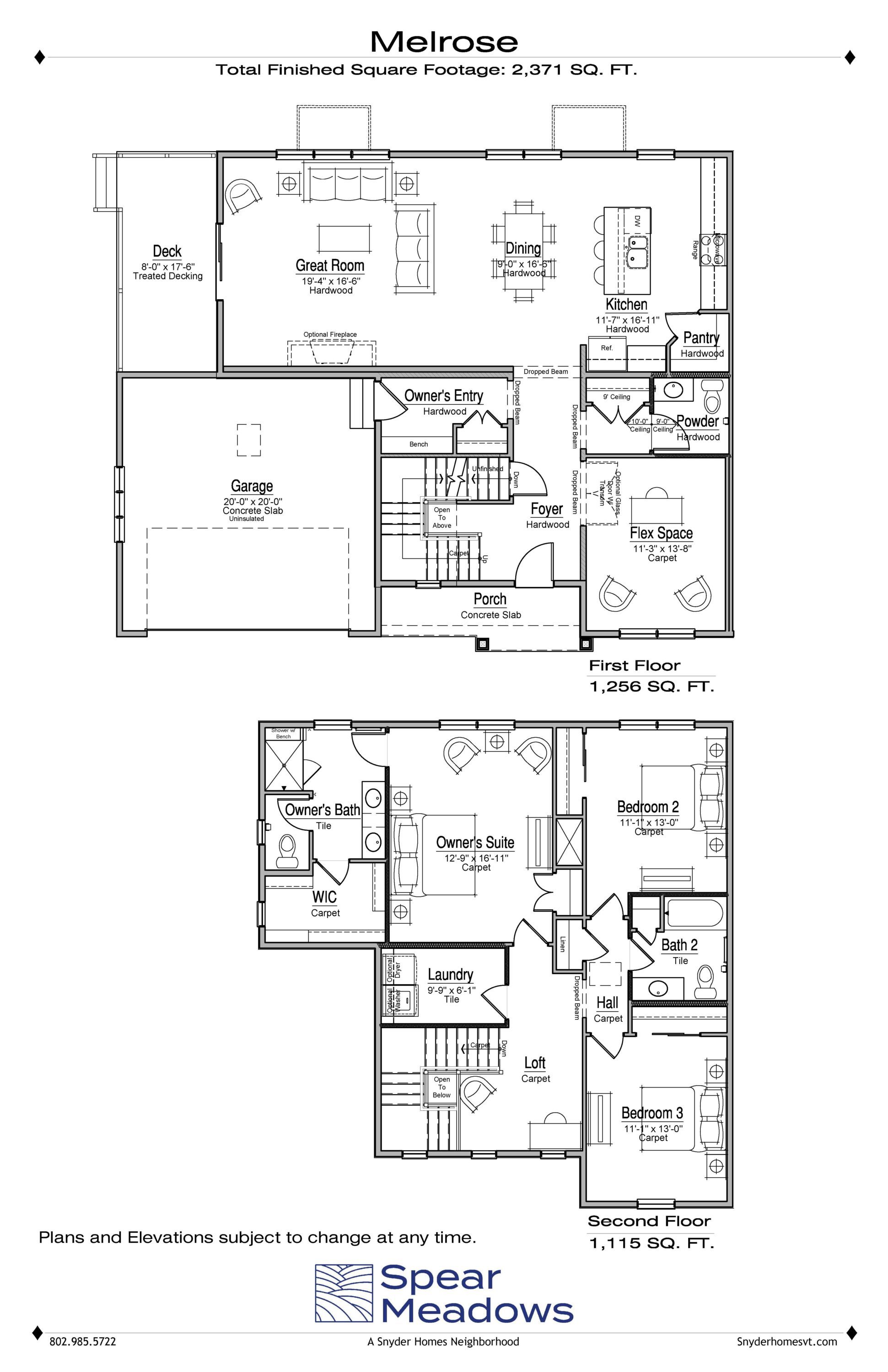 Floor plan of a two-story house labeled Melrose, showing rooms, garage, and deck layout.