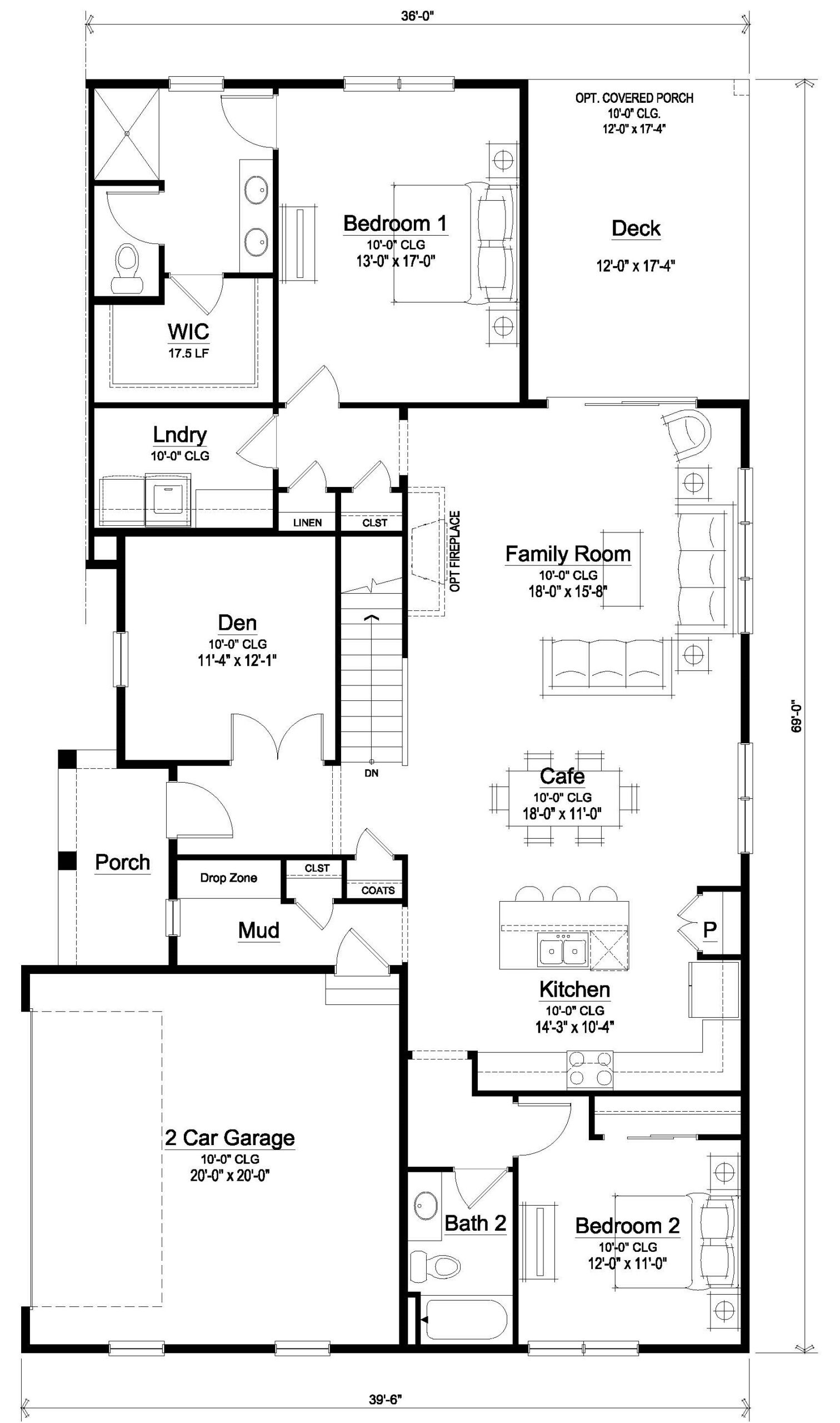 Architectural floor plan of a two-story house featuring three bedrooms, two bathrooms, a kitchen, family room, den, laundry, two-car garage, and multiple porches.