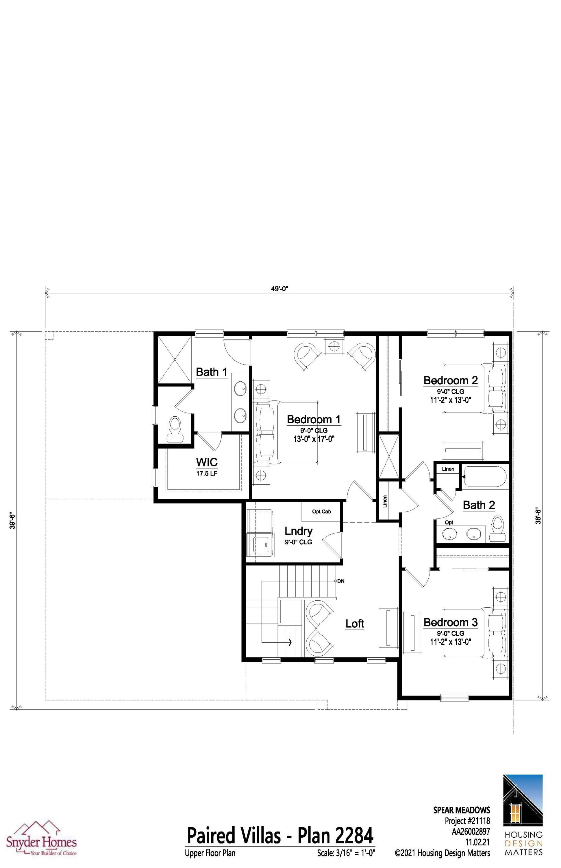 Blueprint of a two-story paired villa featuring three bedrooms, two bathrooms, a loft, laundry, and a walk-in closet in the main bedroom.