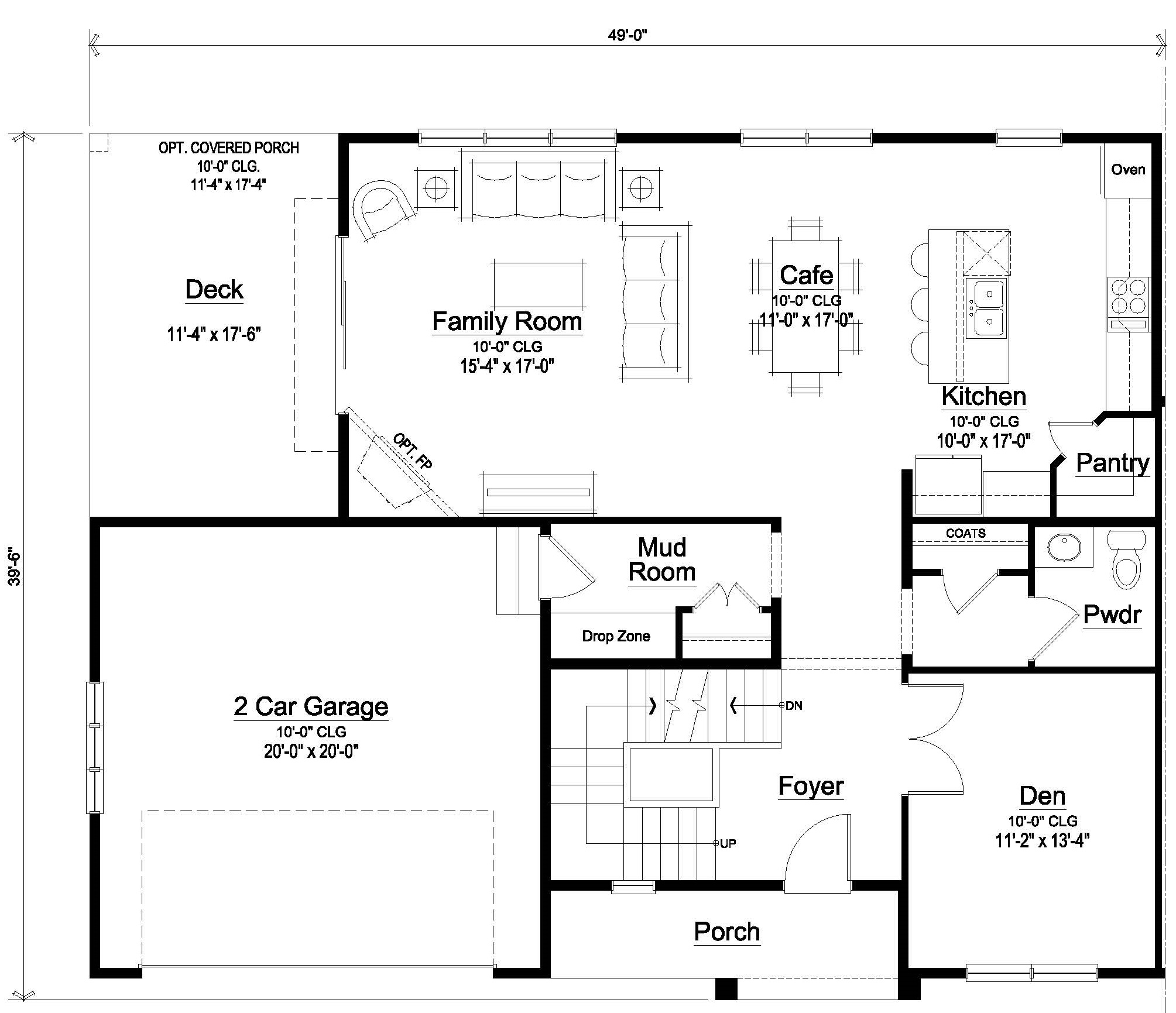 Architectural floor plan of a residential house, including a family room, kitchen, den, garage, and multiple bathrooms, labeled with dimensions and layout details.