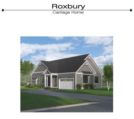 Digital illustration of a roxbury carriage home with a gabled roof, beige siding, and an attached garage, set against a partly cloudy sky.