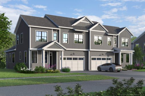 A modern two-story duplex with gray siding, two white garage doors, and a driveway featuring a parked car, set against a backdrop of trees and a clear sky.