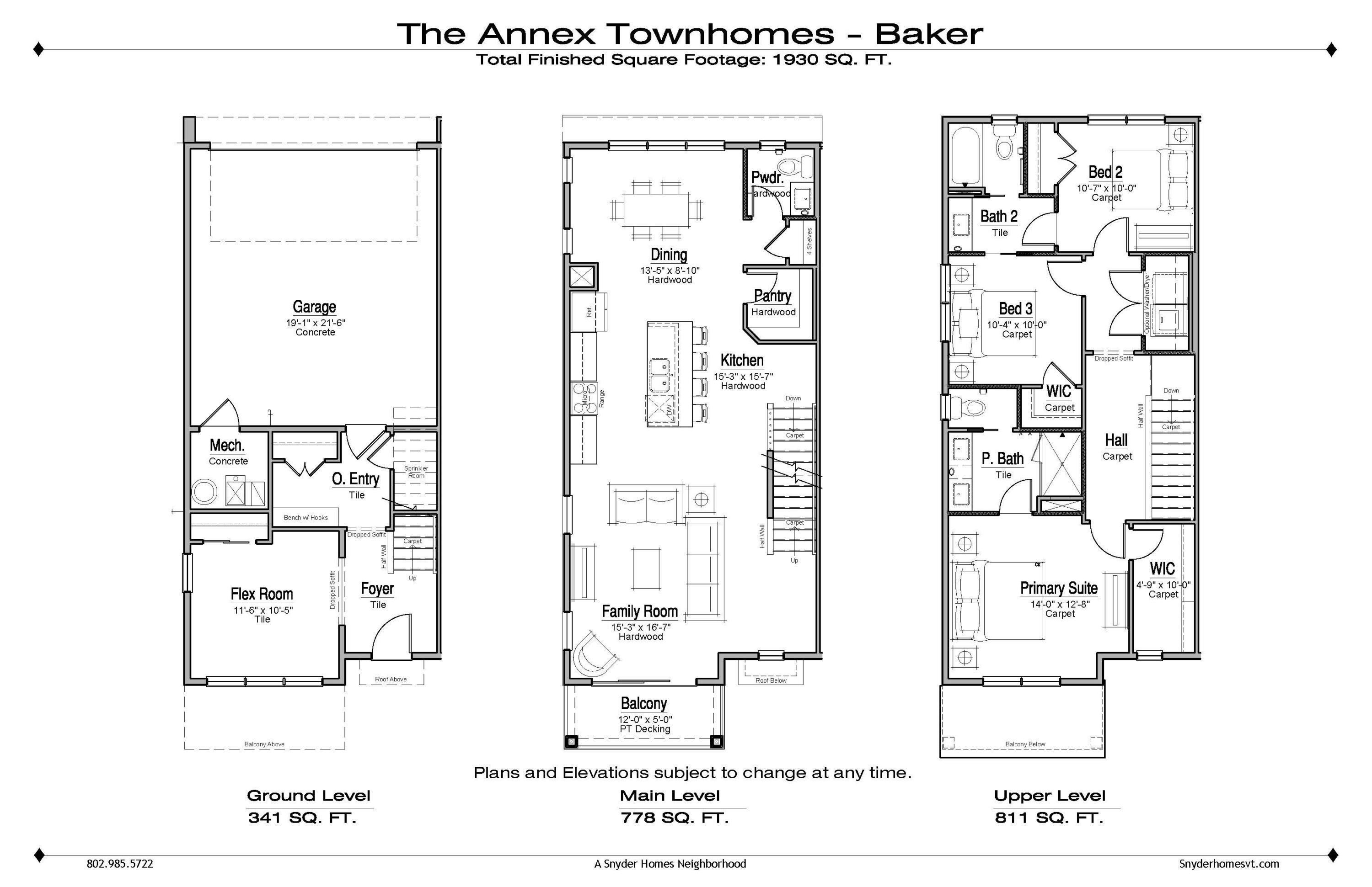 Floor plans for a three-story townhome, showing garage, living areas, bedrooms, and bathrooms on each level.