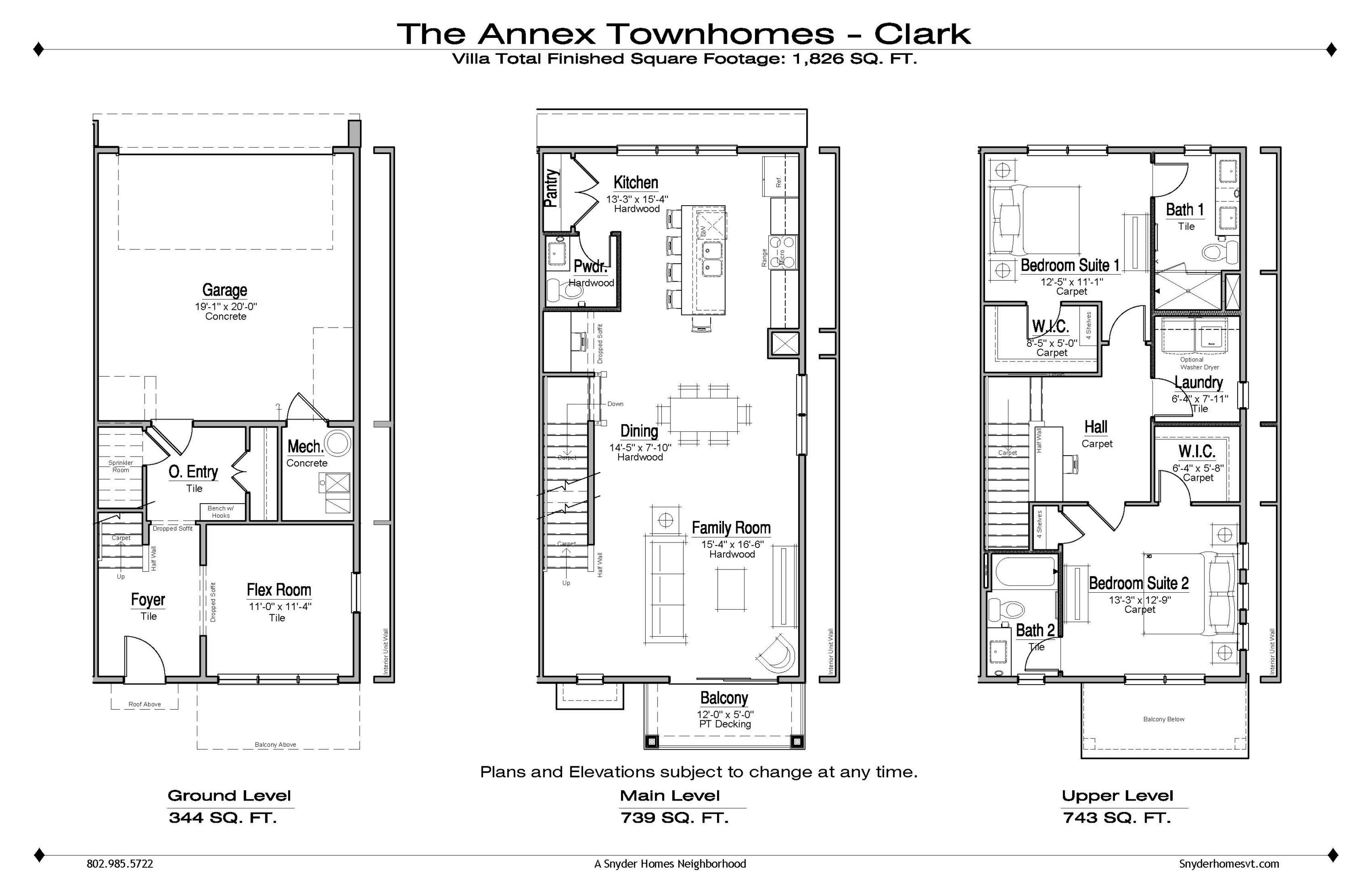 Floor plans for a three-level townhome, showing rooms, stairs, and layout for each level.