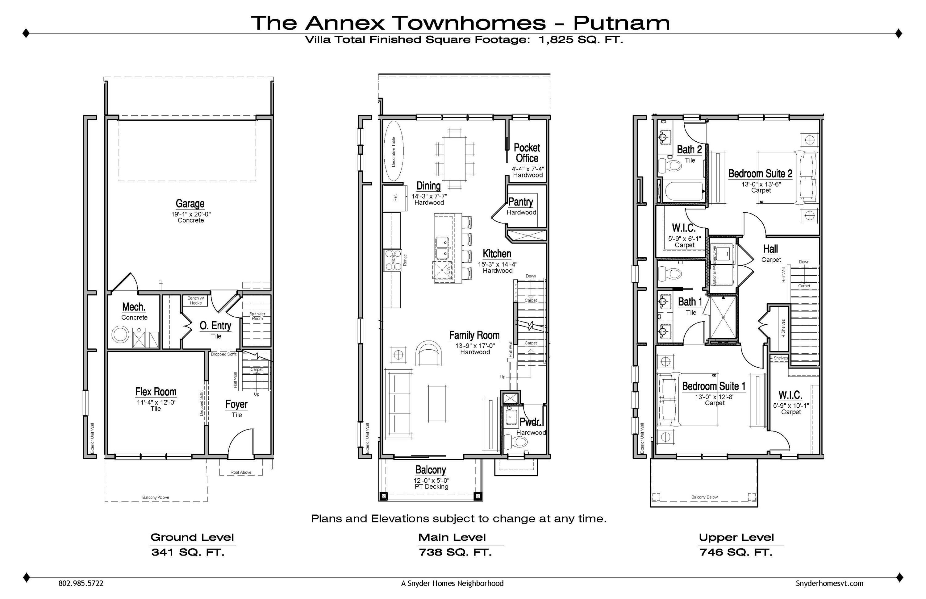 Floor plans for a three-level townhome, showing rooms and measurements for each level.