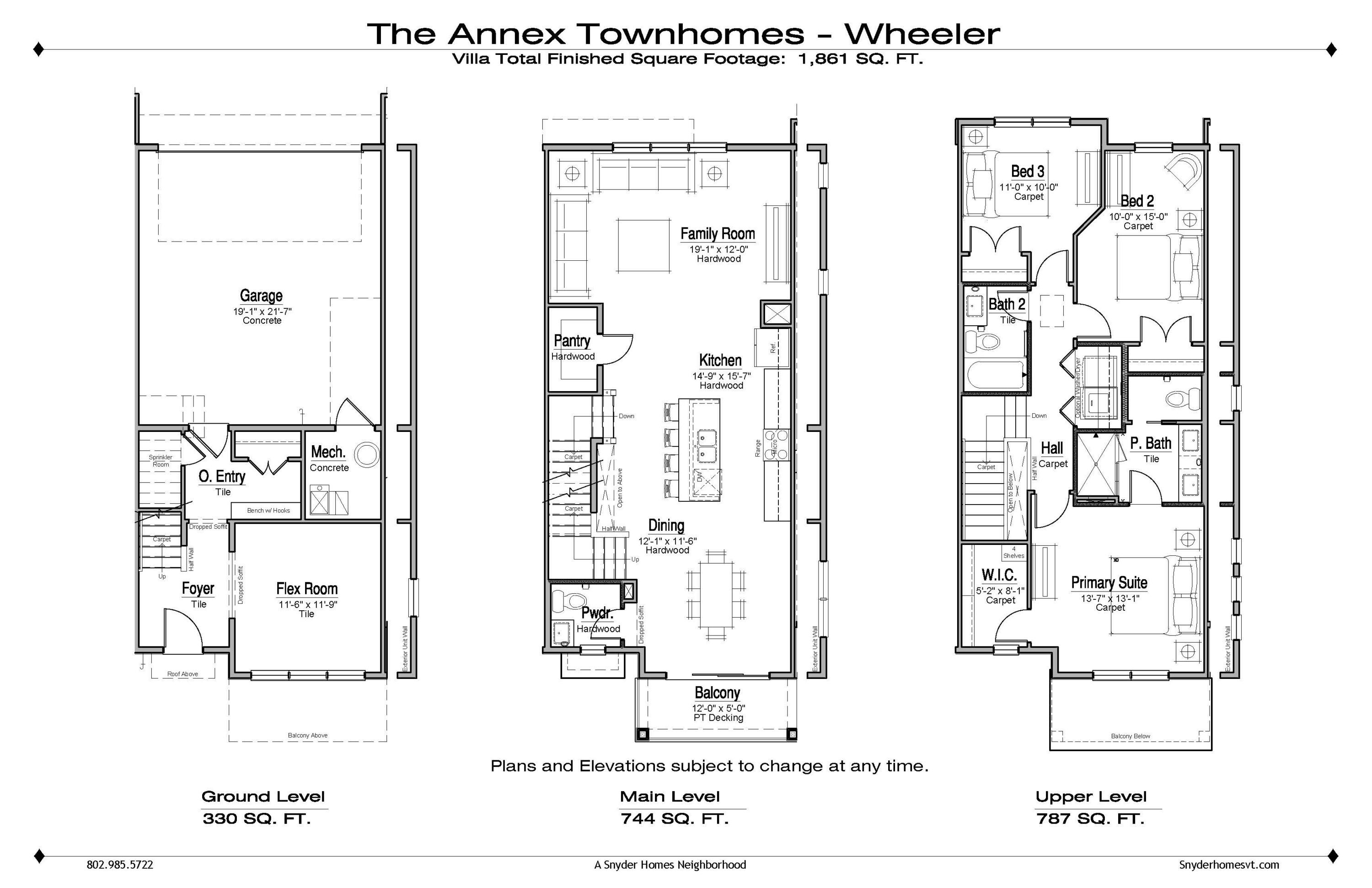 Black and white floor plan of a three-level townhouse, including garage, living areas, and bedrooms.