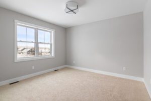 Empty, carpeted room with light gray walls, large window, and ceiling light fixture.