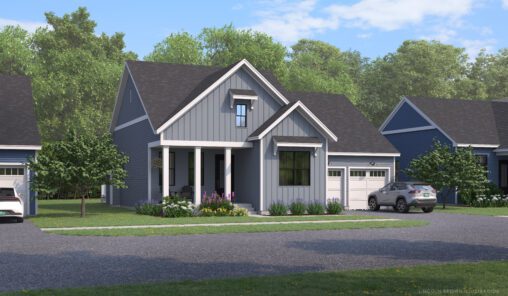 A modern gray house with a front porch, garage, garden, and two cars parked outside on a sunny day.