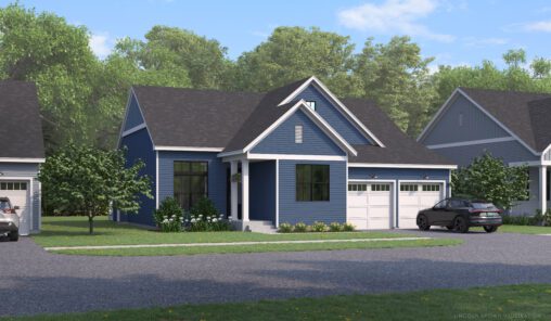 Blue single-story house with white trim, two-car garage, and a driveway, surrounded by trees and greenery.