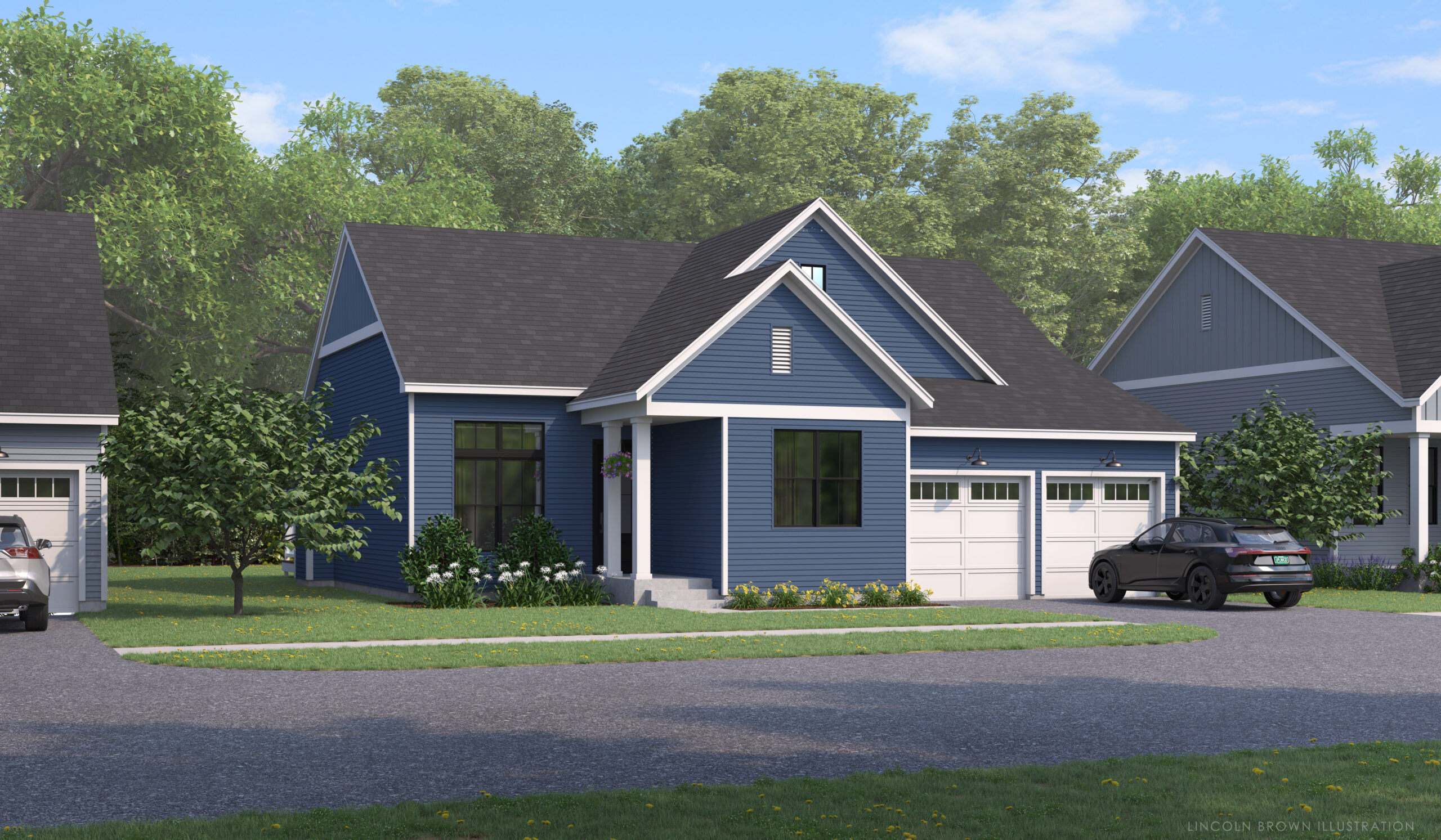 Blue single-story house with white trim, two-car garage, and a driveway, surrounded by trees and greenery.
