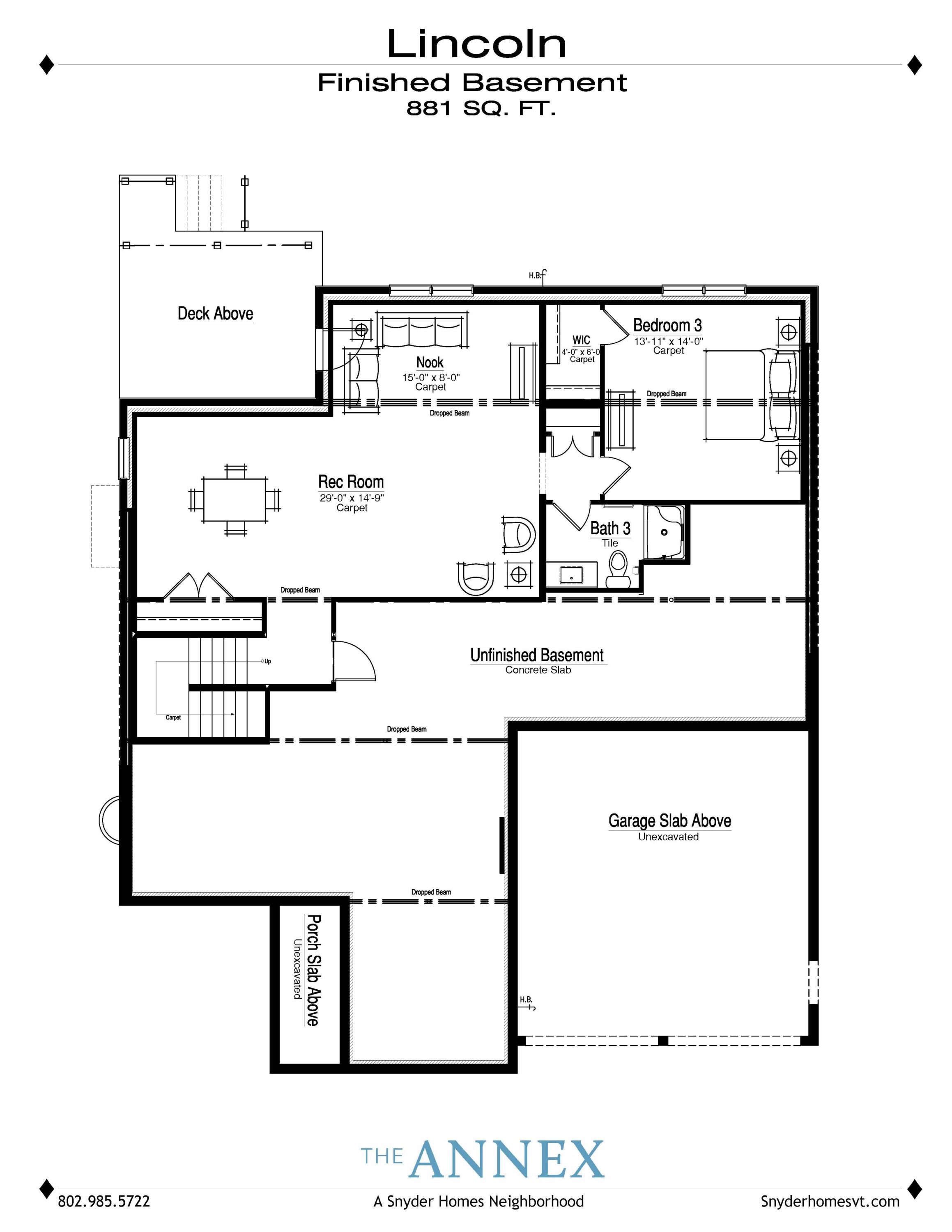 Floor plan of the Lincoln finished basement at 385 Beaudry Lane with rec room, bedroom, two baths, and garage slab.