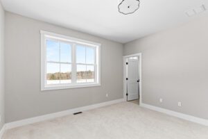 Bright, empty room at 188 Alpine Drive with beige carpet, light gray walls, large window, and white door.