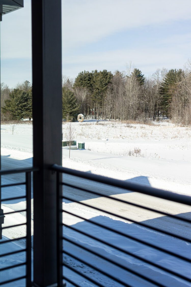 A snowy landscape with trees in the background, viewed from behind a balcony at 188 Alpine Drive.