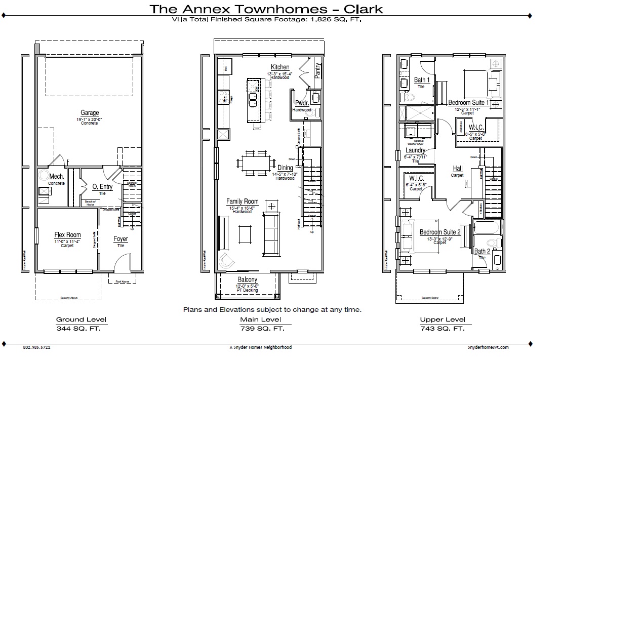 Floor plans for The Annex Townhomes-Clark at 188 Alpine Drive, showing ground, main, and upper levels with labeled rooms.