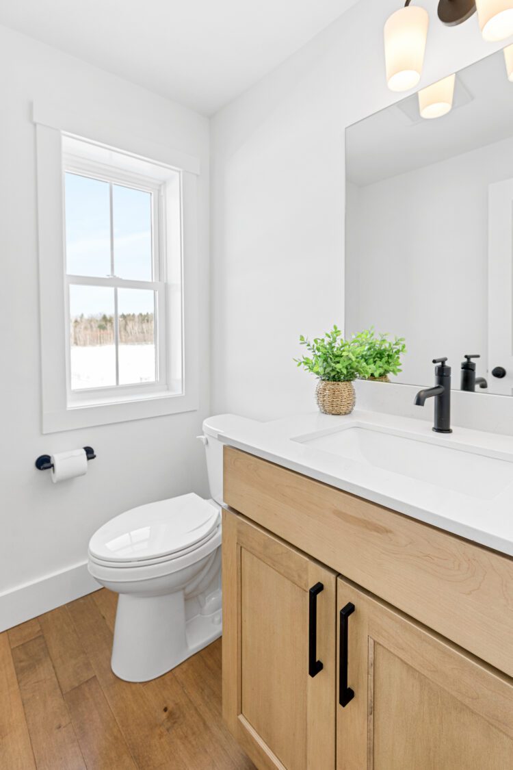 Bright bathroom at 196 Alpine Drive with a white toilet, wood vanity, black fixtures, and a potted plant on the sink.