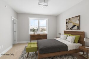 Modern bedroom at 196 Alpine Drive with a wooden bed, green bench, abstract art, and snowy window view.