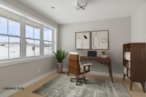 A modern home office at 196 Alpine Drive with a desk, chair, plant, bookshelf, and window overlooking a snowy landscape.