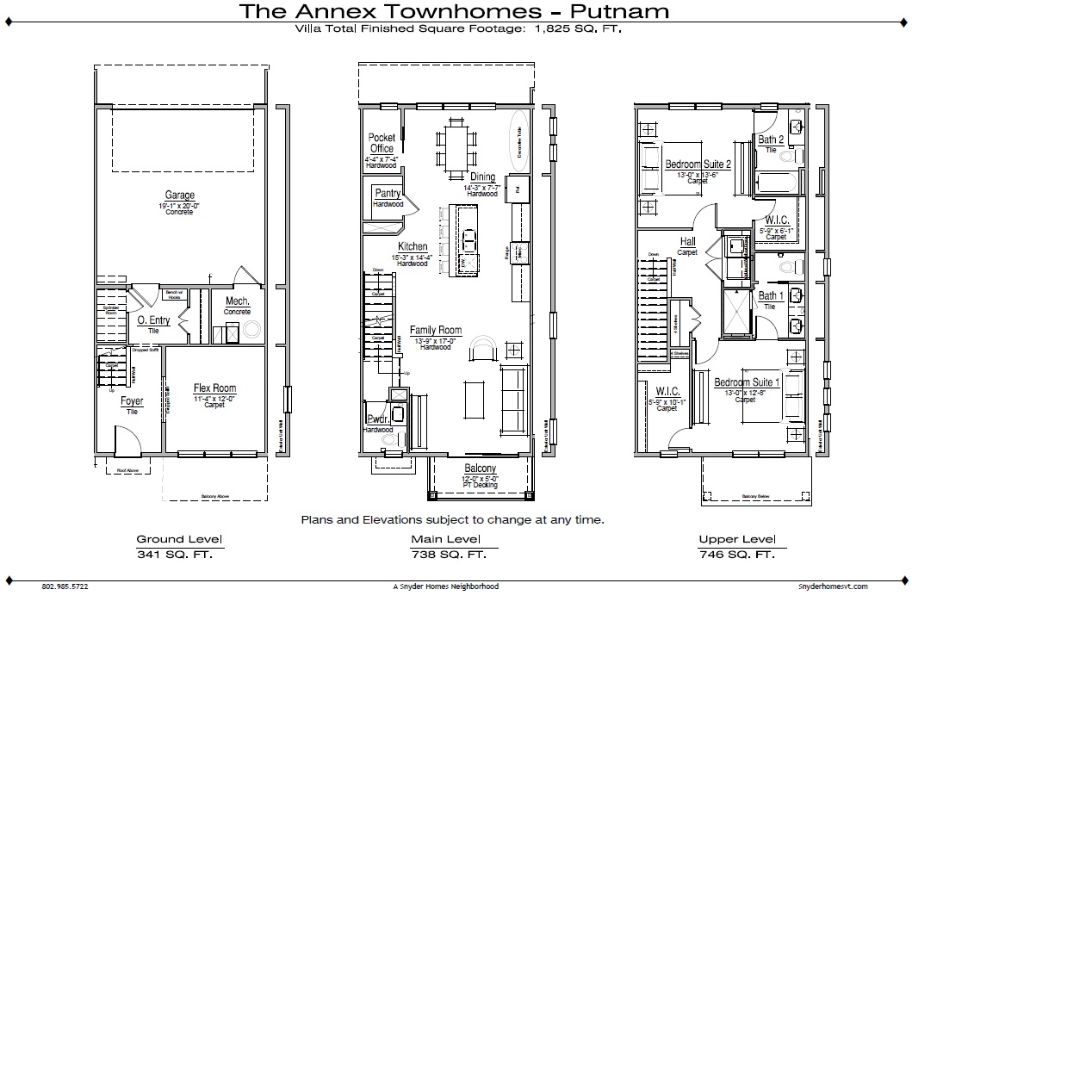 Floor plans for 196 Alpine Drive, a three-level townhome labeled ground, main, and upper levels with rooms and dimensions.