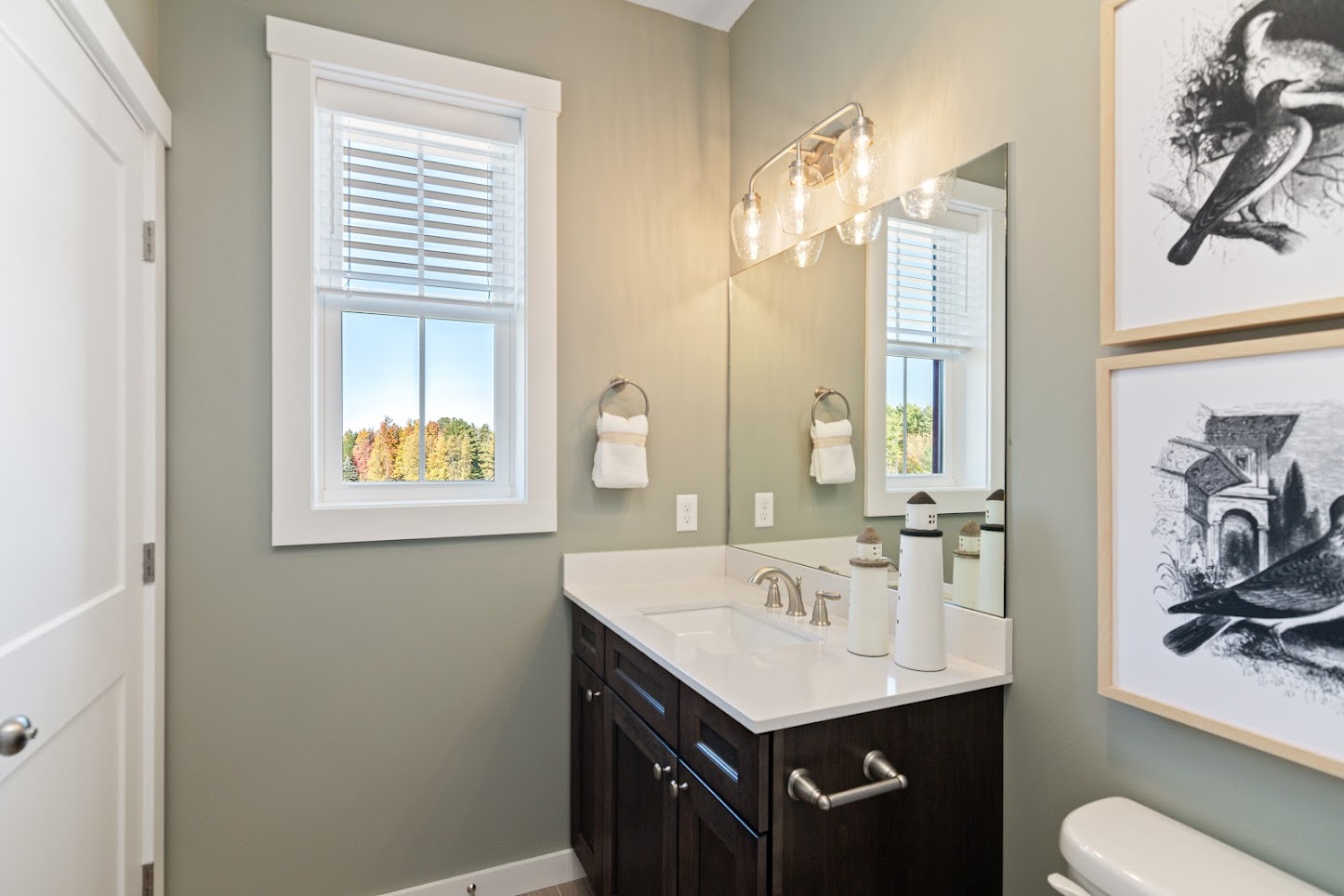 Modern bathroom at 162 Alpine Drive with a dark wood vanity, white countertop, and bird-themed wall art beside the mirror.