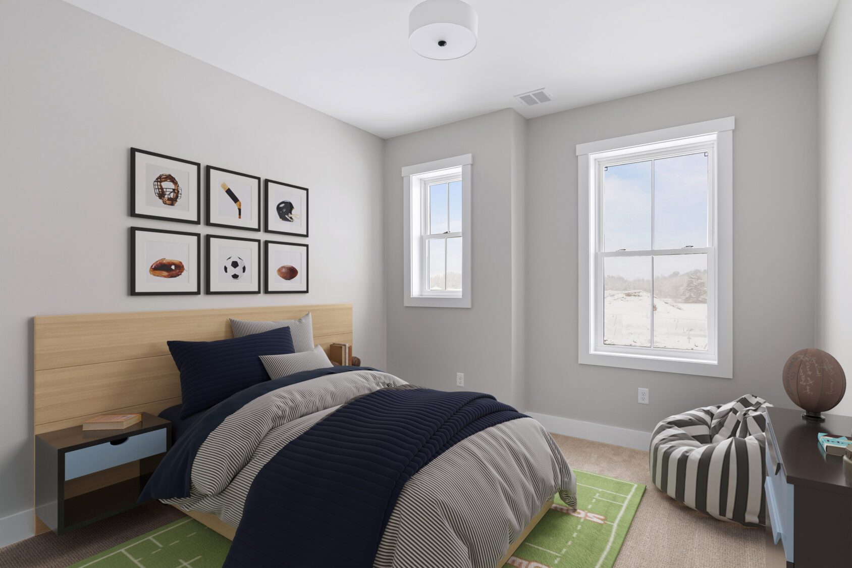 A cozy Castlerock bedroom in a Paired Villa with sports-themed decor, a single bed, large windows, and a green rug.