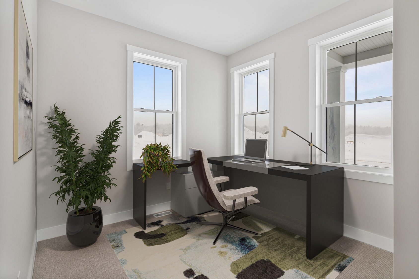 Minimalist Castlerock home office with black desk, swivel chair, windows, plants, and a rug on light carpet.