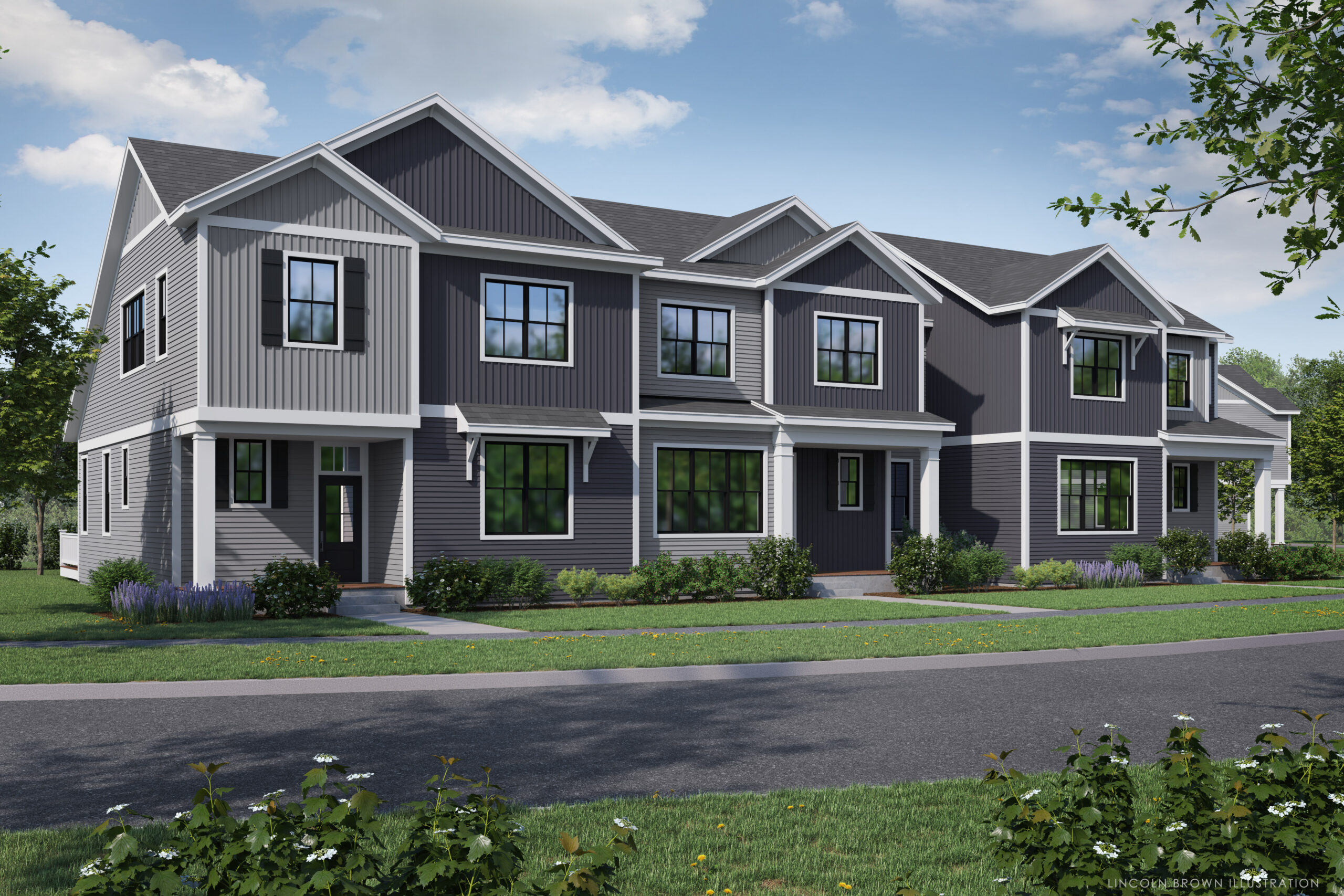 Two modern townhouses with gray siding, white trim, and landscaped lawns under a partly cloudy sky.