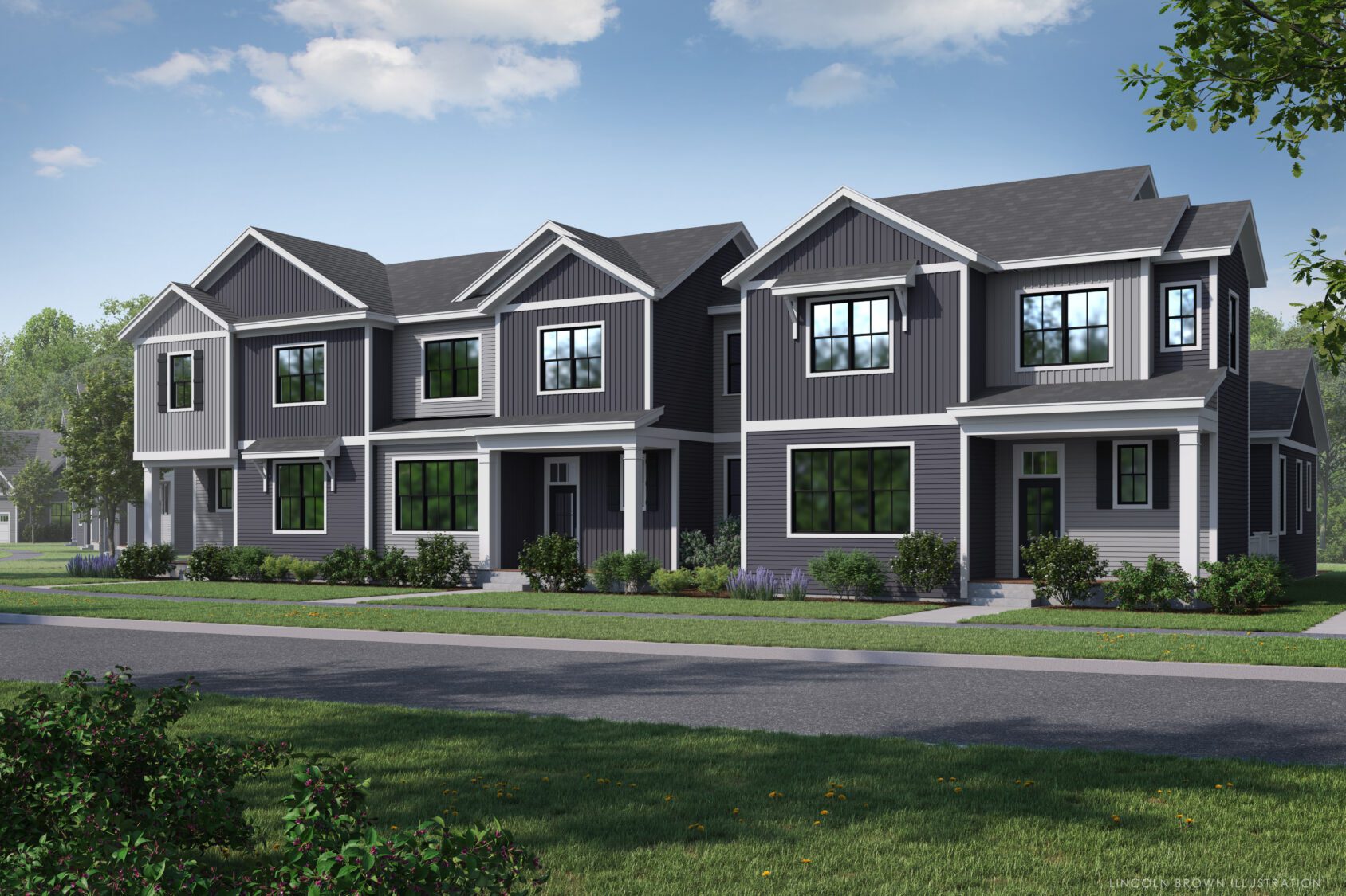 Two modern gray duplex houses with large windows, front lawns, and a sidewalk under a blue sky.