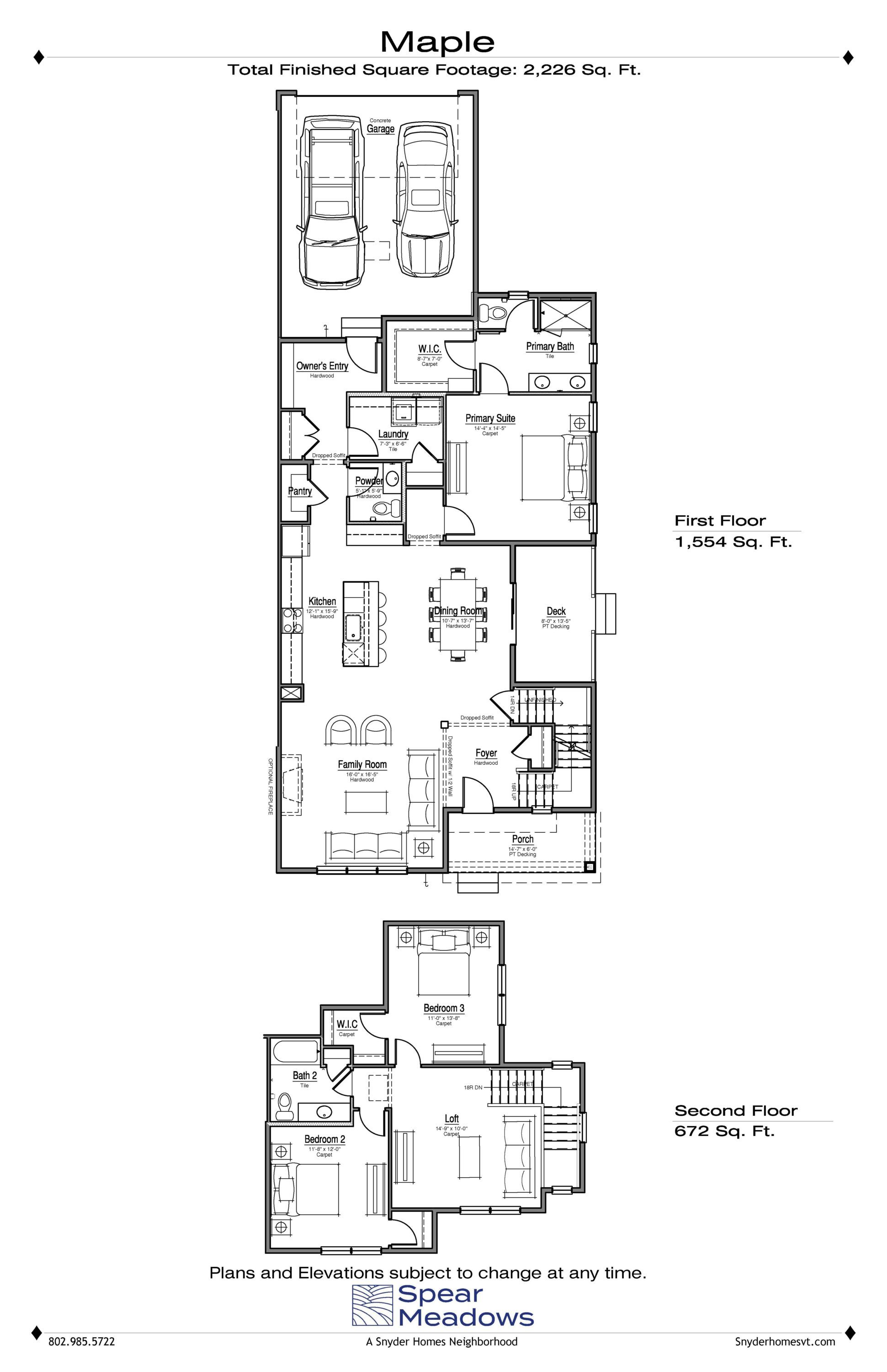 Black and white floor plan of a two-story house, labeled Maple, with garage and rooms marked.