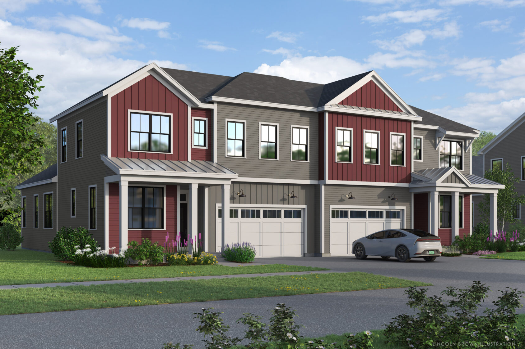 Modern two-story paired villa in The Annex with red and gray siding, large windows, two garages, and a car parked outside.