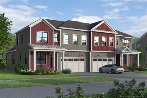 Modern two-story paired villa in The Annex with red and gray siding, large windows, two garages, and a car parked outside.